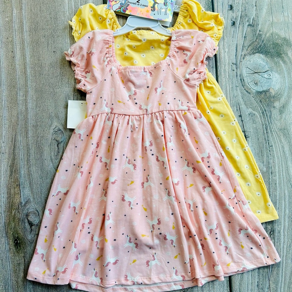 MUMU COCO size 6 Girls Pink Unicorns & Yellow Floral Ruffled Tiered 2 Dress Set